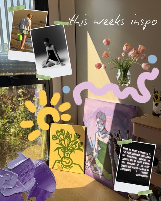 Moodboard of polaroids, tulips and paint swatches on a sunny table