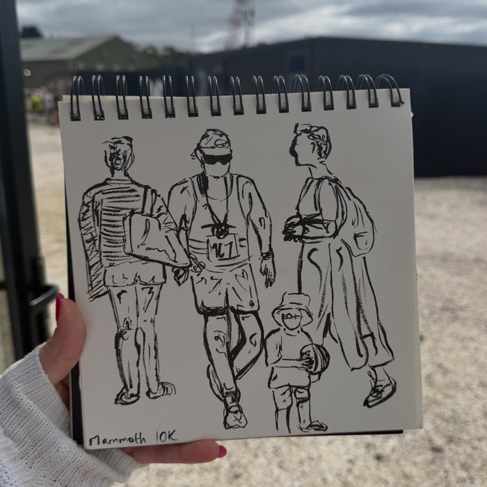 Ink sketchbook drawing of runners at the Mammoth 10K
