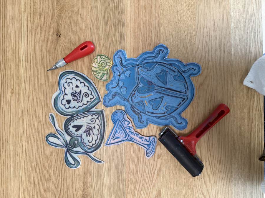 Hand-carved lino stamps and roller